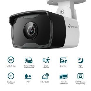 Cámara IP VIGI tipo Bala 4MP.  Lente Fijo 4 mm.  INCLUYE Detección Inteligente (Clasifica Humanos y Vehículos), Detección de Movimiento, Detección de Intrusión de Área, Detección de Cruce de Línea, Detección de Manipulación de Cámara, Detección de Objeto abandonado, Detección de Remoción de Objetos.